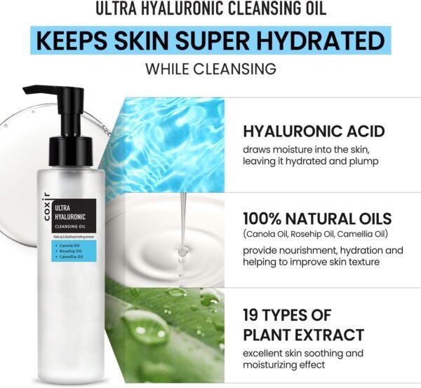 COXIR Ultra-Hyaluronic Cleansing Oil — Deep Clean & Hydrate Makeup Remover with Cactus, Rosehip & Camellia Oil, 150 ml / 5.07 fl.oz.
