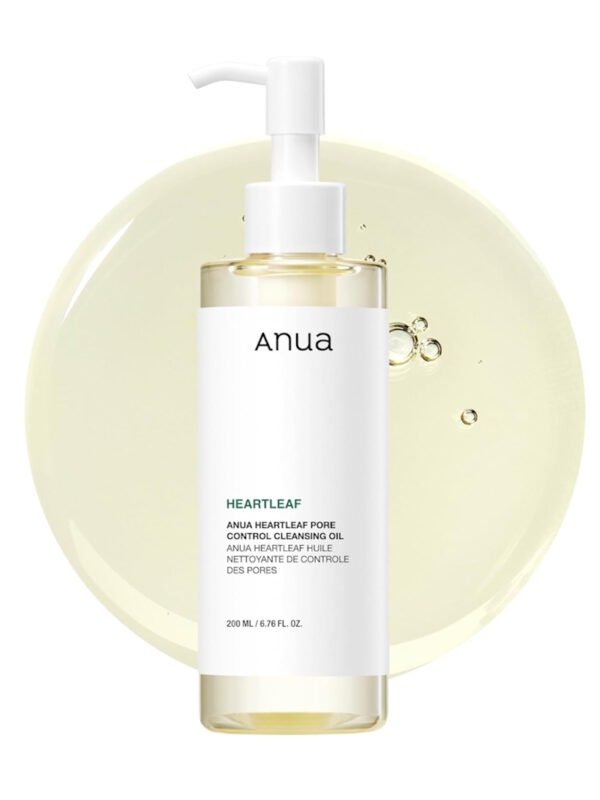 Anua Heartleaf Pore Control Cleansing Oil 200ml pump bottle on white background with oil texture