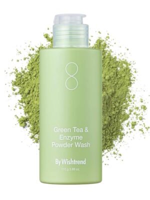 By Wishtrend Green Tea and Enzyme Powder Face Wash bottle with green tea powder splash