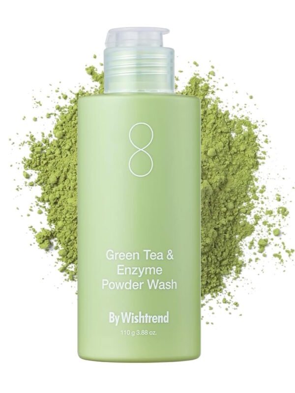 By Wishtrend Green Tea and Enzyme Powder Face Wash bottle with green tea powder splash