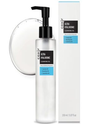 COXIR Ultra-Hyaluronic Cleansing Oil 150ml pump bottle with key ingredient labels — Cactus Oil, Rosehip Oil, Camellia Oil