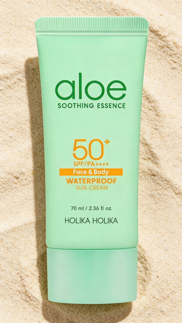 Two women at the beach applying Holika Holika Aloe Soothing Essence Sun Cream SPF50+