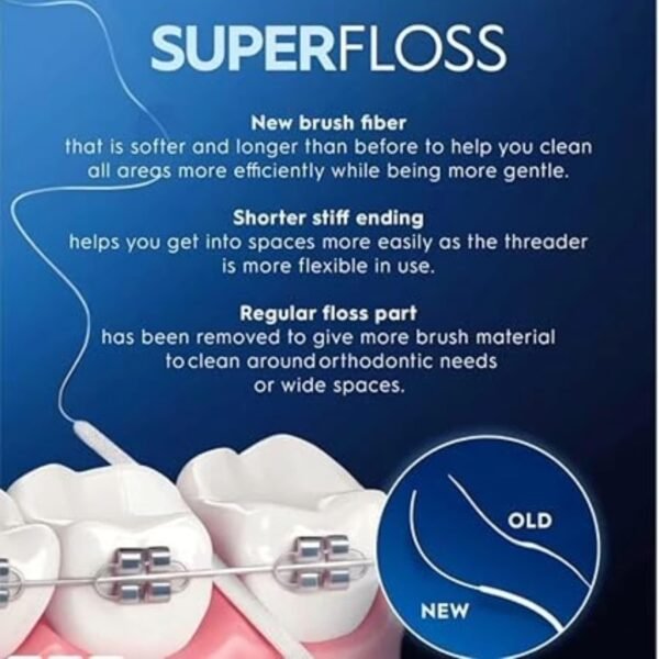 Oral-B Super Floss stiffened threader end and spongy floss section close-up