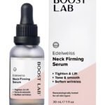 Boost Lab Edelweiss Neck Firming Serum – Product Shot Boost Lab Edelweiss Neck Firming Serum 30ml dropper bottle and box on white background