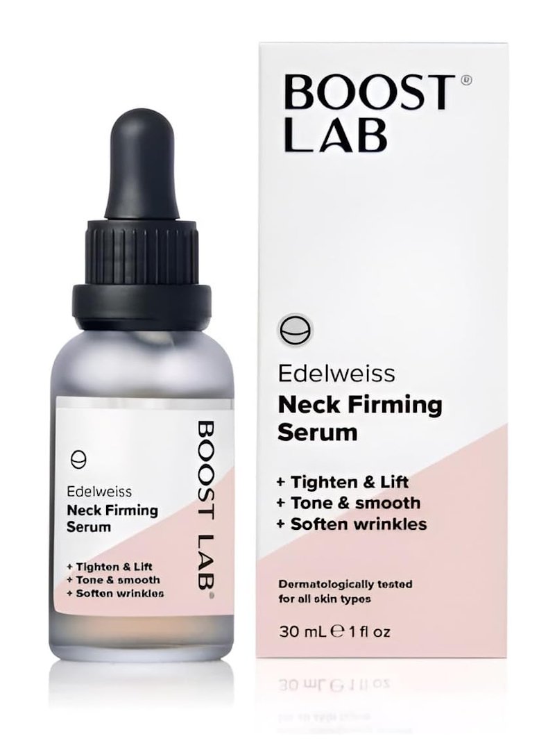 Boost Lab Edelweiss Neck Firming Serum 30ml dropper bottle and box on white background